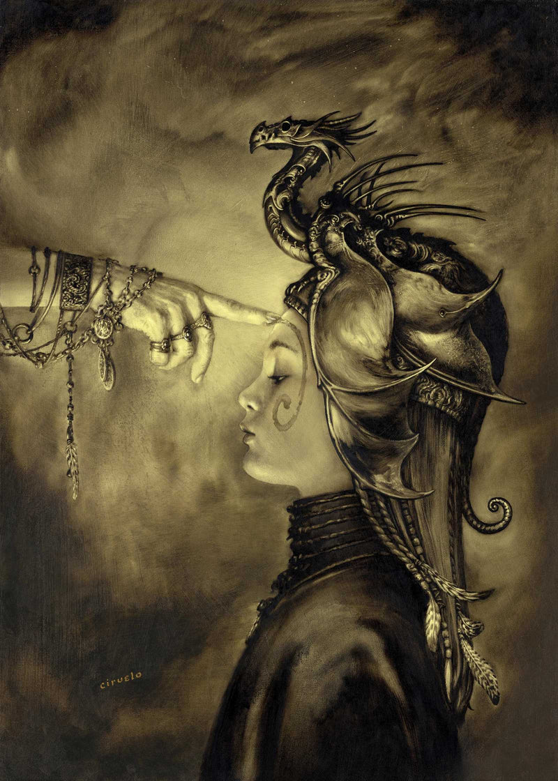 Fantasy dragon art print with a female figure and intricate details