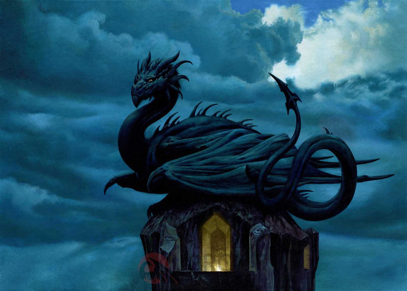 Dark dragon sculpture on a pedestal under stormy sky, fantasy artwork for home decor
