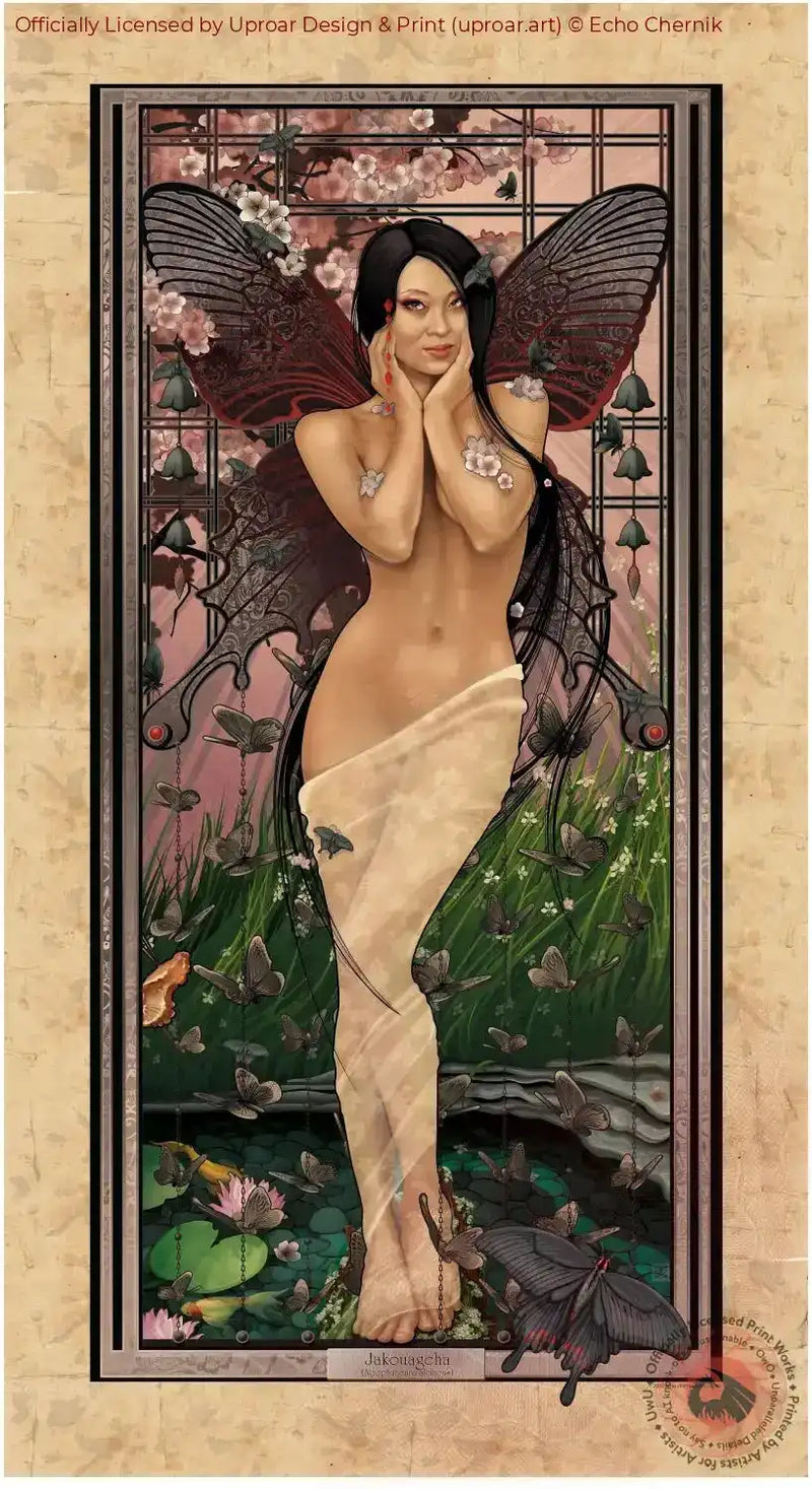 Fairy art print with butterfly wings and floral background
