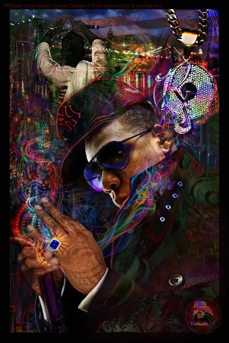 Jay Z art print with vibrant neon colors and urban cityscape