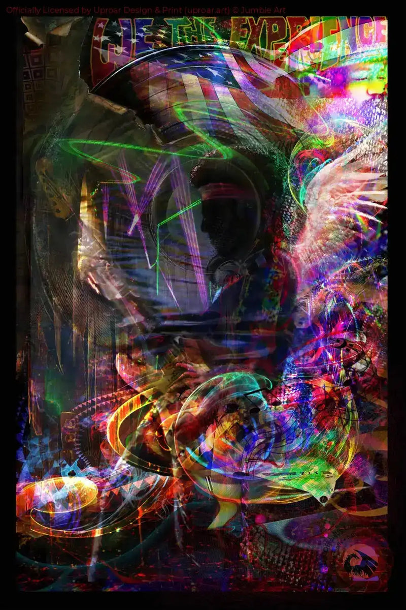 Psychedelic art poster with vibrant neon colors and abstract patterns
