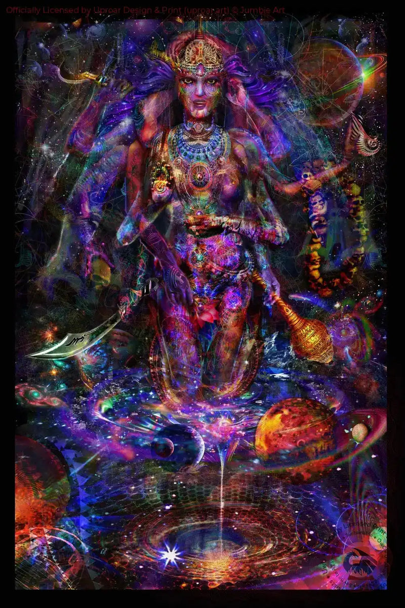 Kali cosmic art print with vibrant psychedelic colors, intricate jewelry, and celestial background for home decor