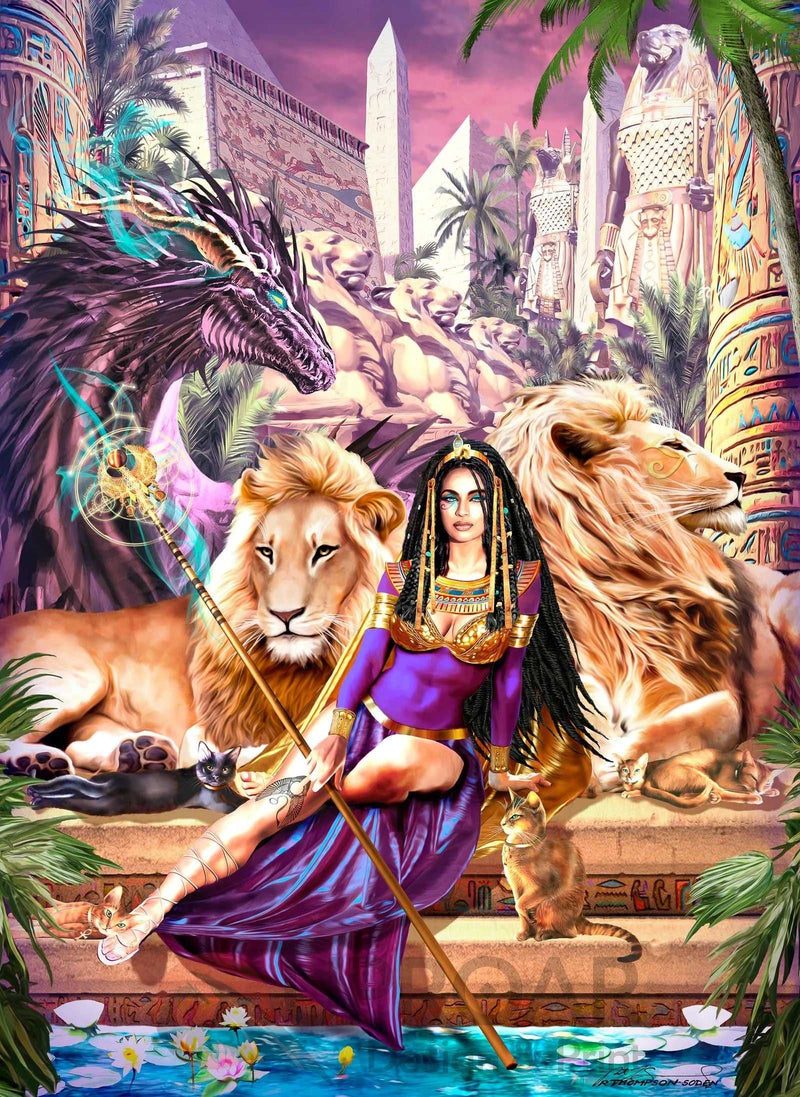 Fantasy artwork featuring a woman with lions, cats, and Egyptian motifs in a lush jungle setting with pyramids