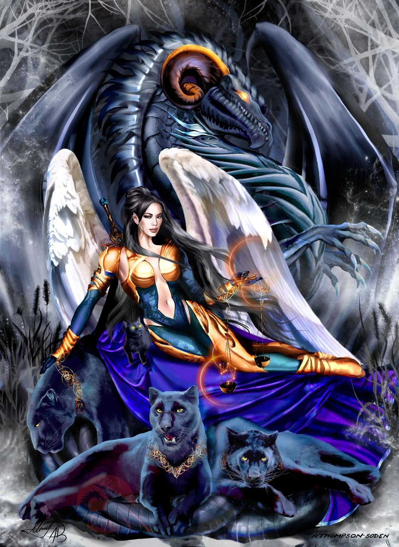 Fantasy art print of a female warrior with black hair, white wings, and black panthers, set against a dark, mystical background