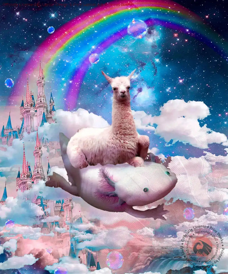 Whimsical fantasy art print featuring a llama riding a whale in a magical sky with rainbow and castle backdrop