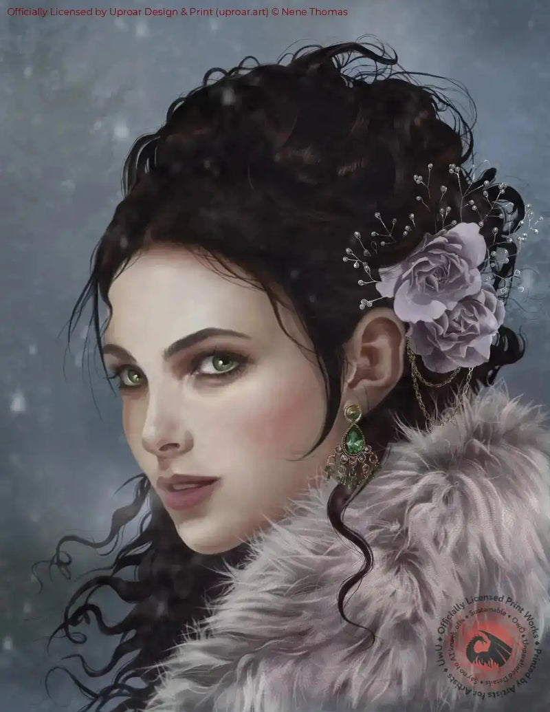 Elegant fantasy art print of a woman with dark curly hair, floral hair accessories, and luxurious fur collar