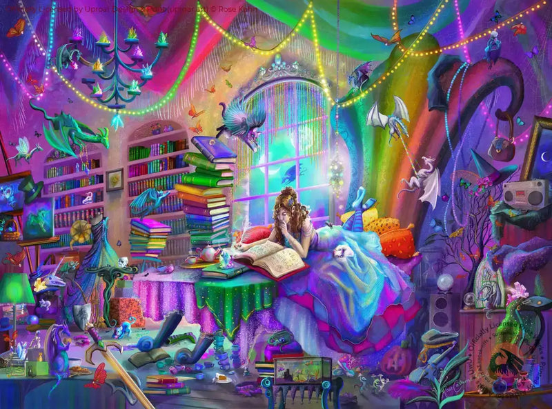 Colorful fantasy art print of a girl reading in a rainbow-lit magical room with dragons and books