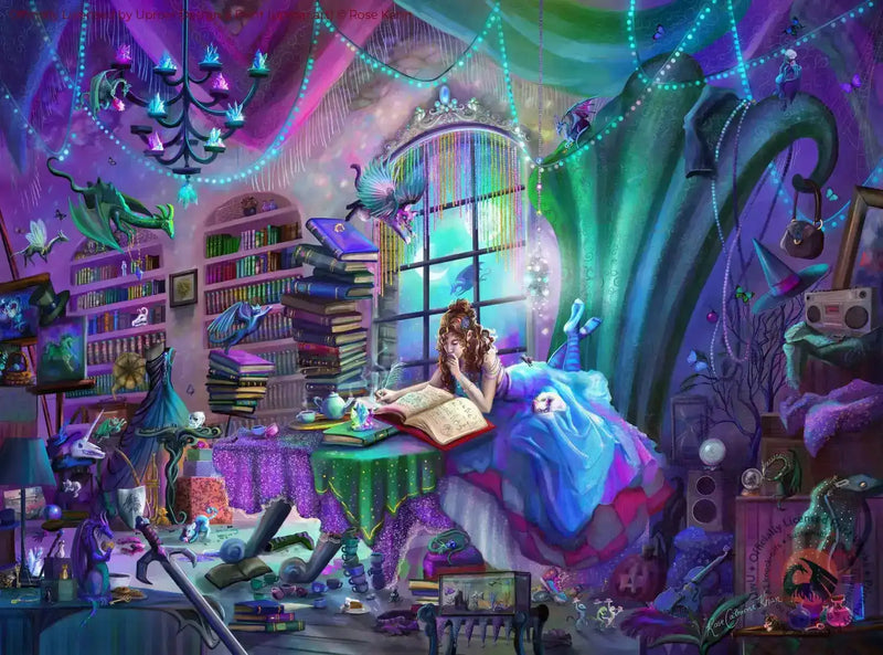Fantasy art print of a girl reading in a magical, colorful room with dragons and glowing decorations