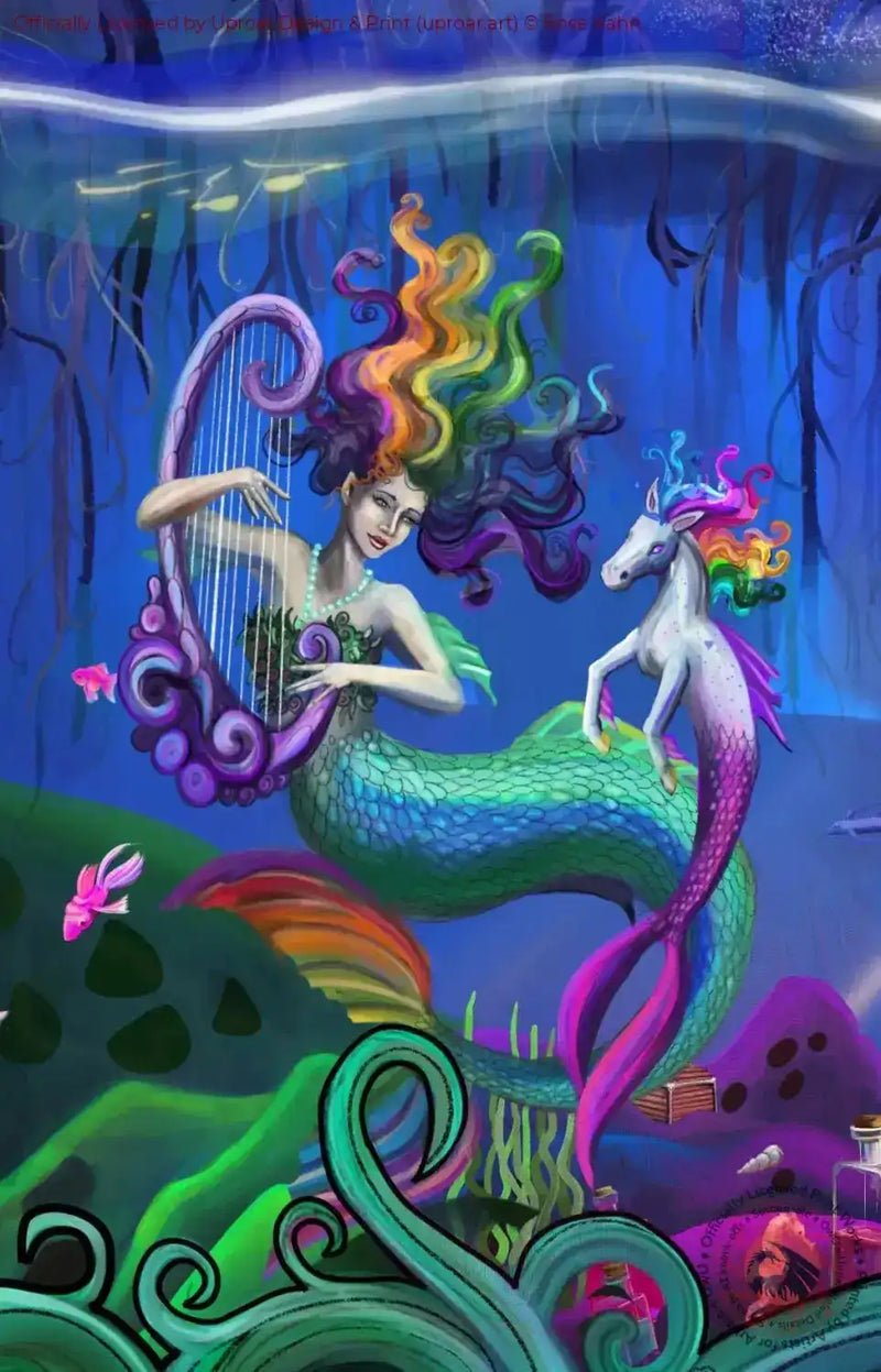 Colorful mermaid with rainbow hair playing harp in underwater scene