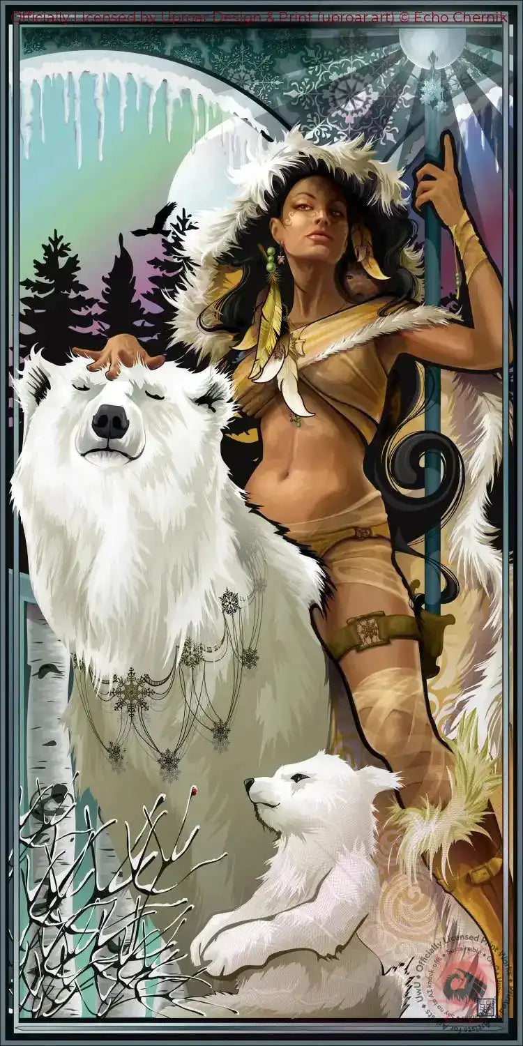 Native woman with wolves and forest background art print