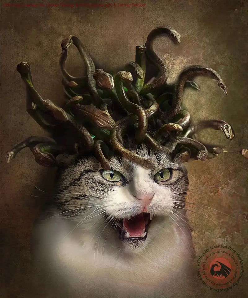 Cat with Medusa-inspired snake hair art print