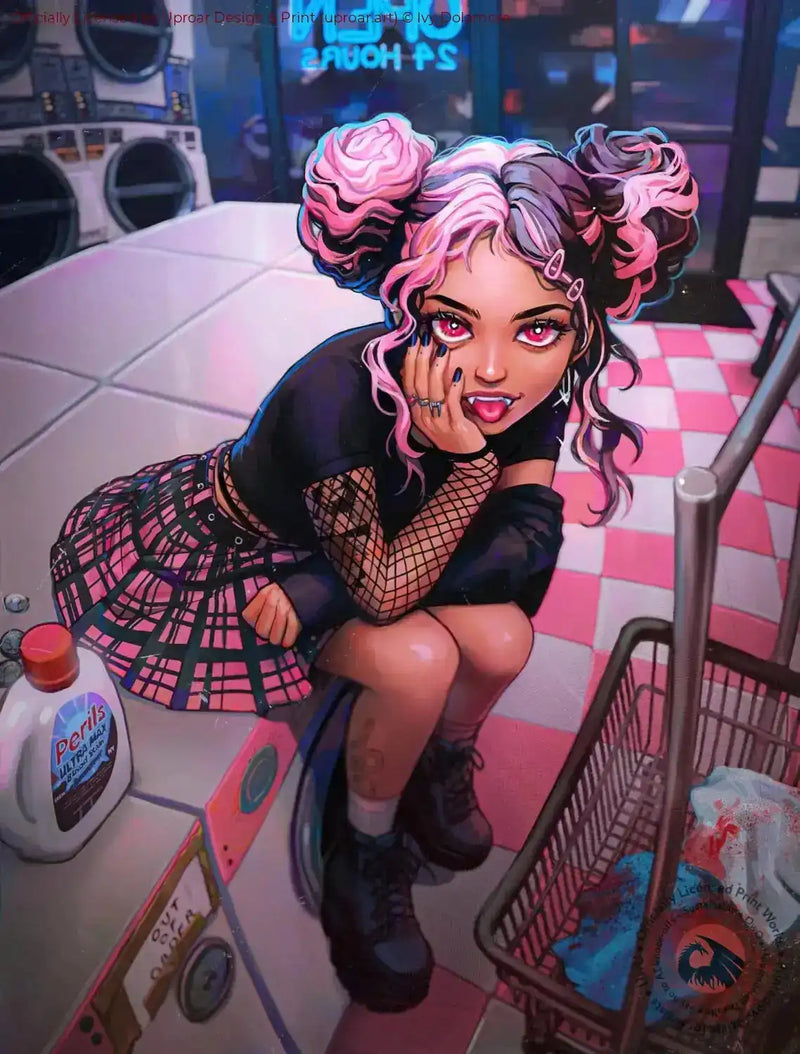 Vibrant art print of a girl with pink and purple hair in a laundromat setting, featuring neon lighting and edgy fashion style