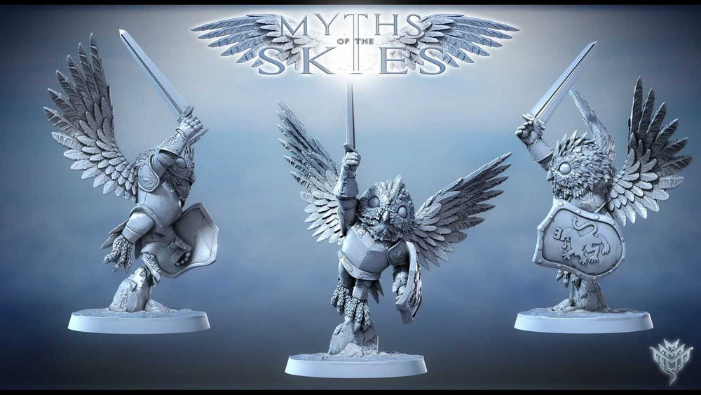 3D printed owl knight miniature with wings and sword