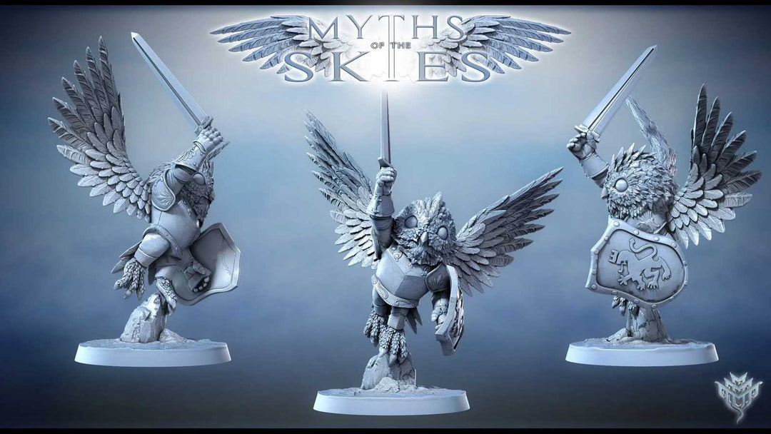 3D printed owl knight miniature with wings and sword