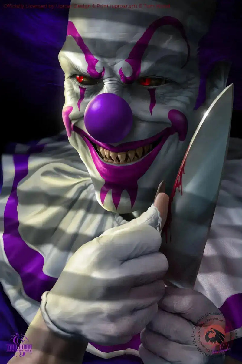 Clown poster with sinister face, purple nose, red eyes, and blood-stained knife