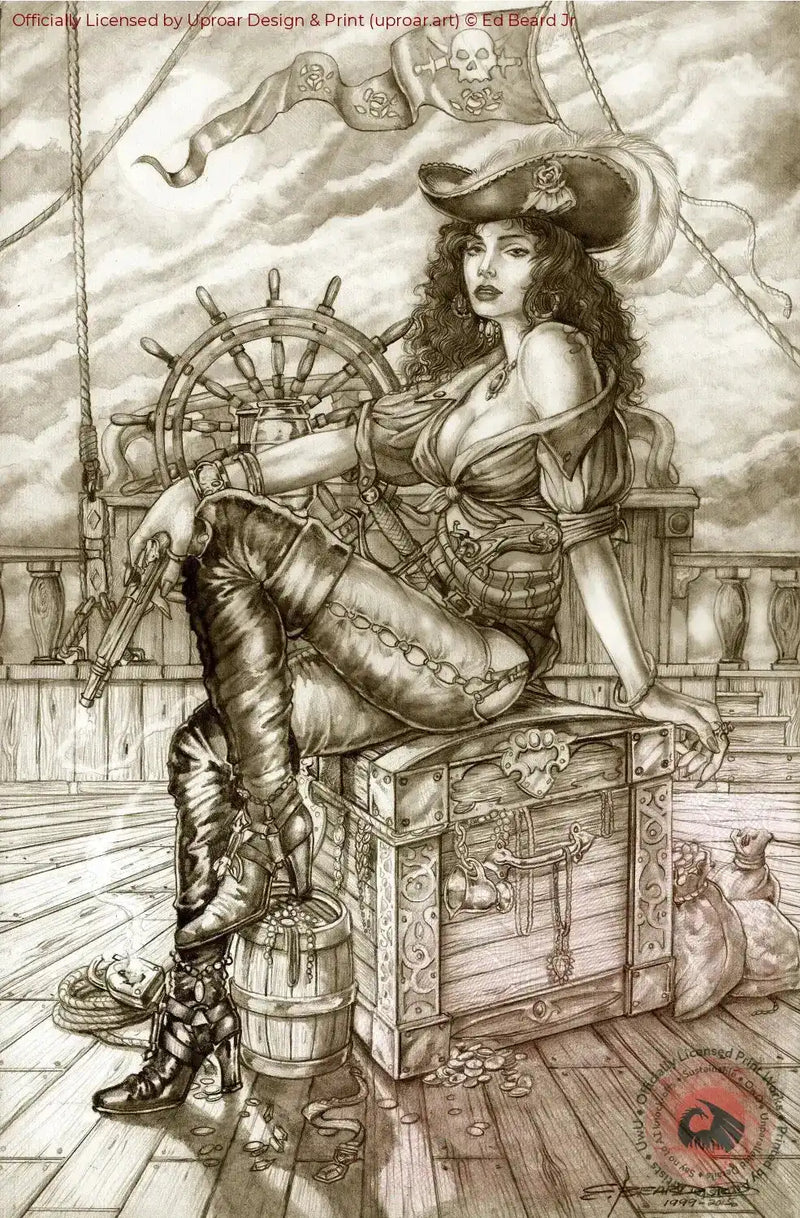 Pirate woman art print with ship wheel, skull flag, and treasure chest