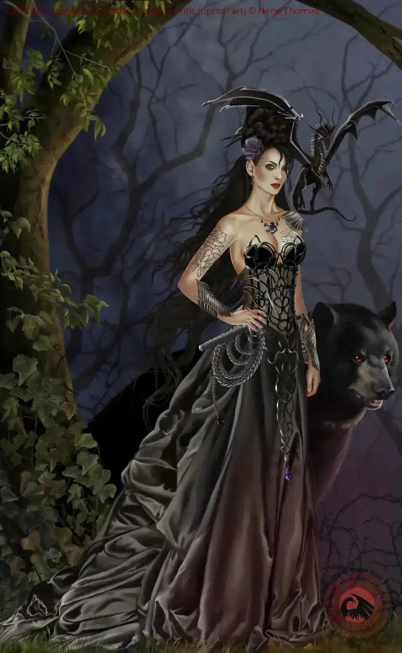 Dark fantasy art print of a gothic woman with black dress, dragon wings, and black dog in a moonlit forest setting
