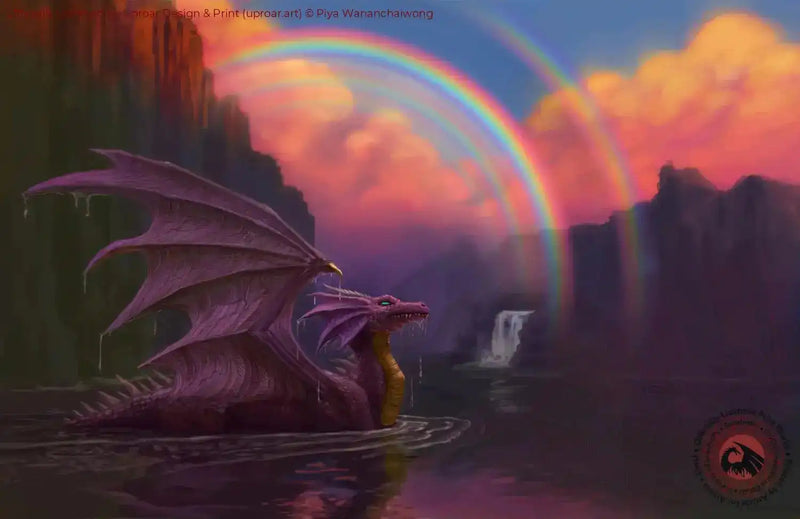 Fantasy dragon with purple wings and rainbow in sky, waterfall, and cliffs in background