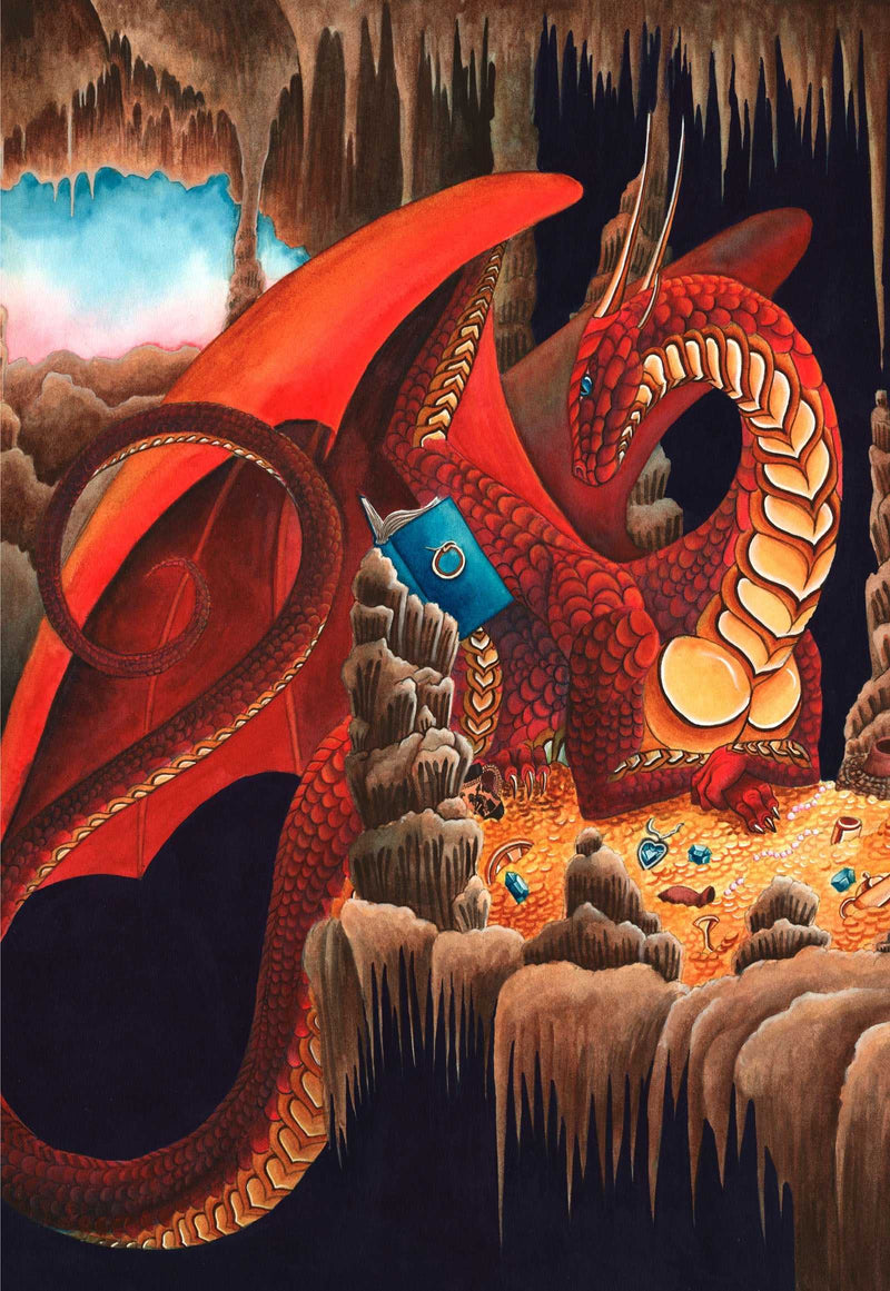 Red dragon with blue eye and gold accents in cave setting