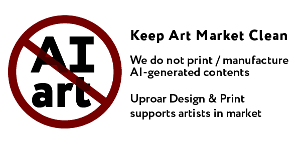 A dark slate black graphic with a red prohibition circle over the words 'AI art' in black, alongside text stating 'Keep Art Market Clean' and additional disclaimer text about not printing AI-generated contents.