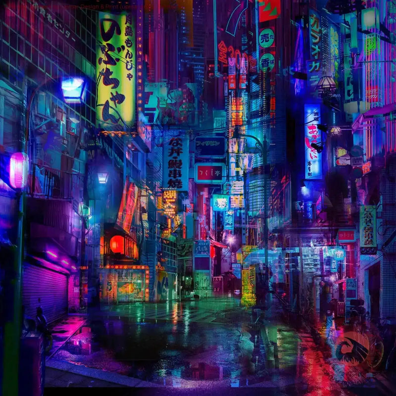 Neon-lit Tokyo street scene with vibrant colorful signs and reflections