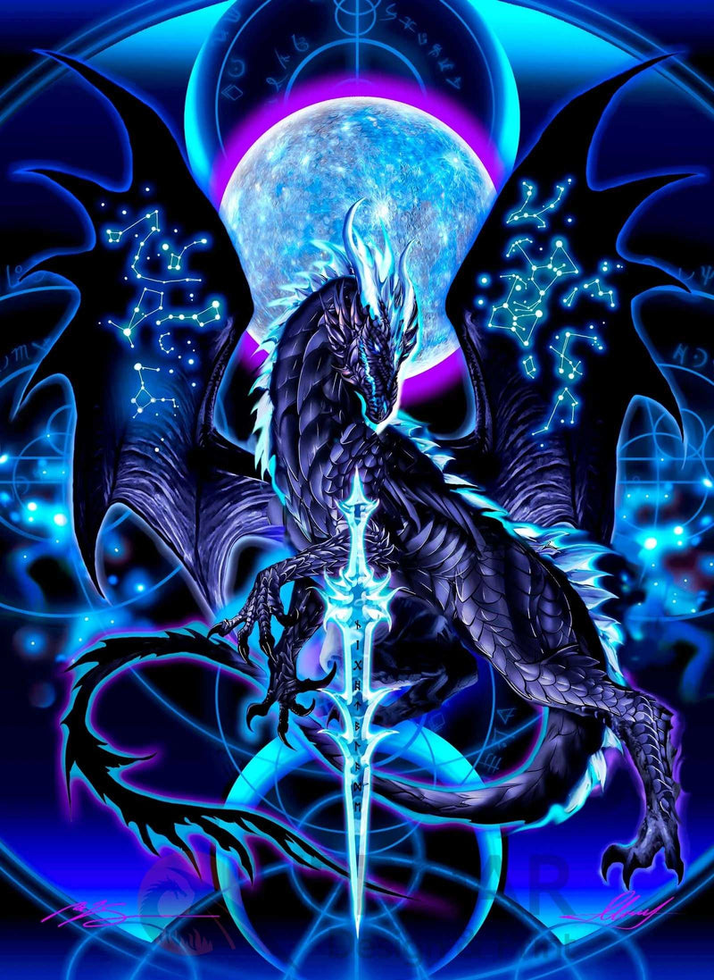 Neon blue dragon with glowing sword, celestial symbols, and moon background in fantasy art print