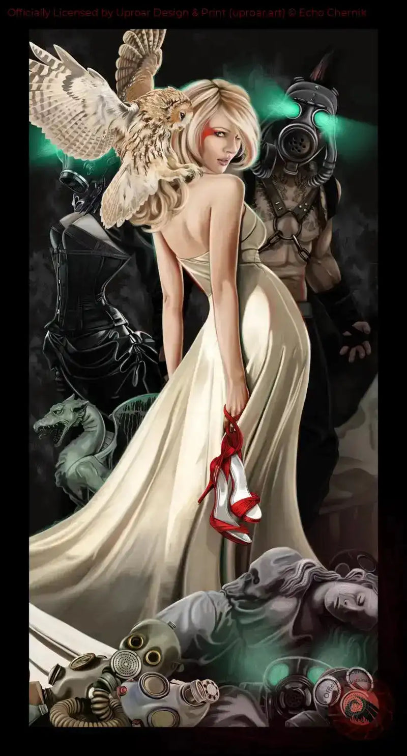 Fantasy woman with owl and gas mask art print