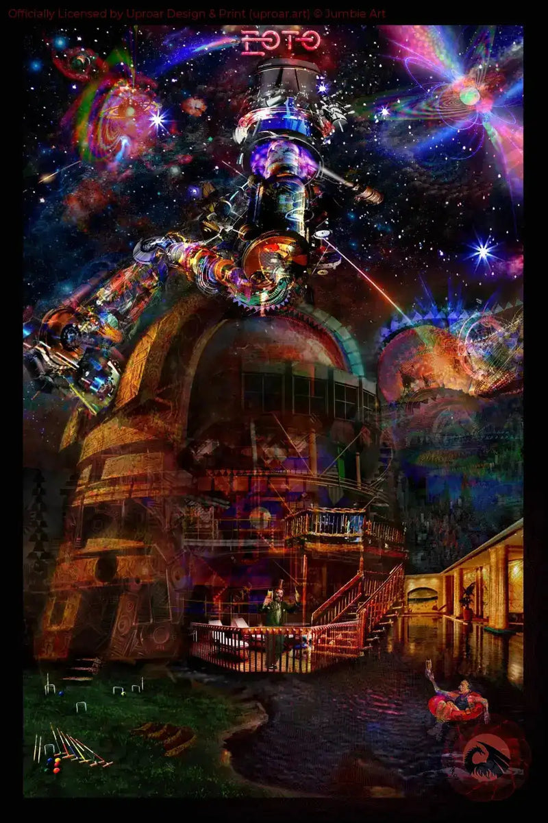 Colorful space-themed artwork poster featuring a telescope and cosmic nebula