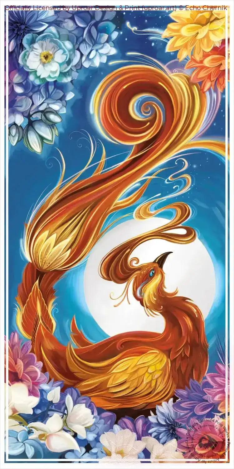 Colorful phoenix with swirling flames and vibrant flowers in a fantasy art print