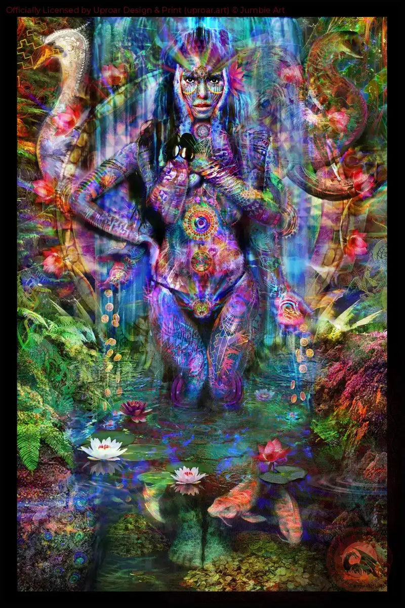 Colorful psychedelic art print of a goddess with snakes, surrounded by water lilies and lush jungle foliage, in vibrant hues