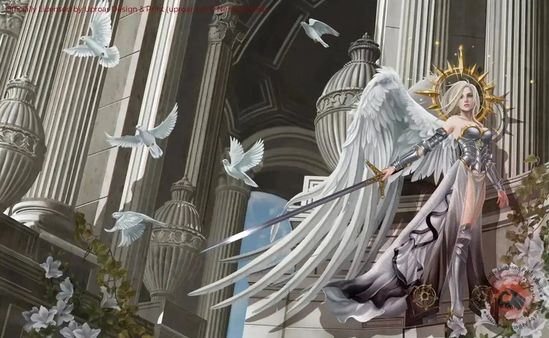 Paladin by Nene Thomas open edition art print in a classical architectural setting with white doves