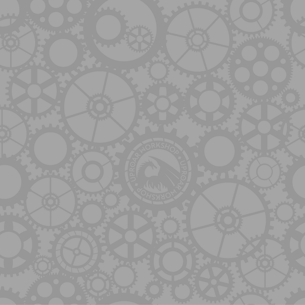 Gray background with interconnected gears and cogs pattern, featuring the Uproar Workshop logo, used for high chroma art prints and graphics