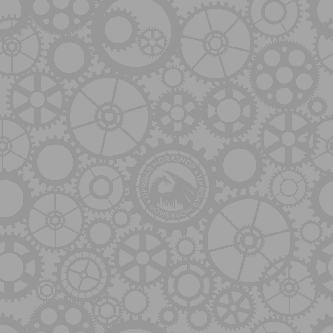 Gray background with interconnected gears and cogs pattern, featuring the Uproar Workshop logo, used for high chroma art prints and graphics