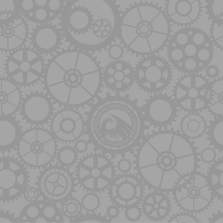 Gray background with interconnected gears and cogs pattern, featuring the Uproar Workshop logo, used for high chroma art prints and graphics