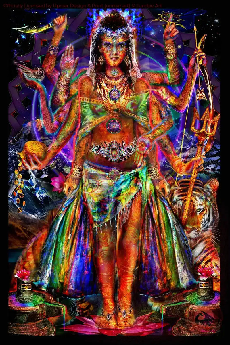 Vibrant Parvati art print with multicolored goddess and tiger
