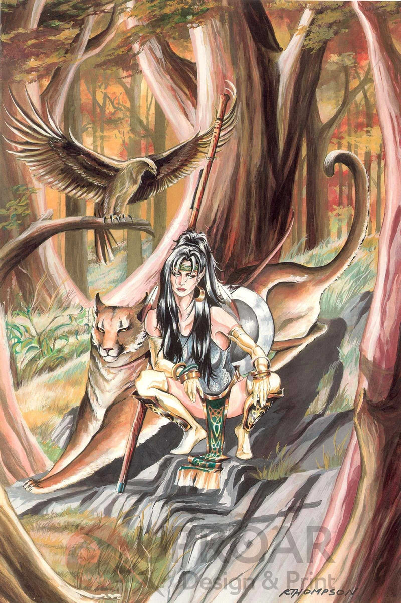 Fantasy forest scene with a woman, a lion, and an eagle