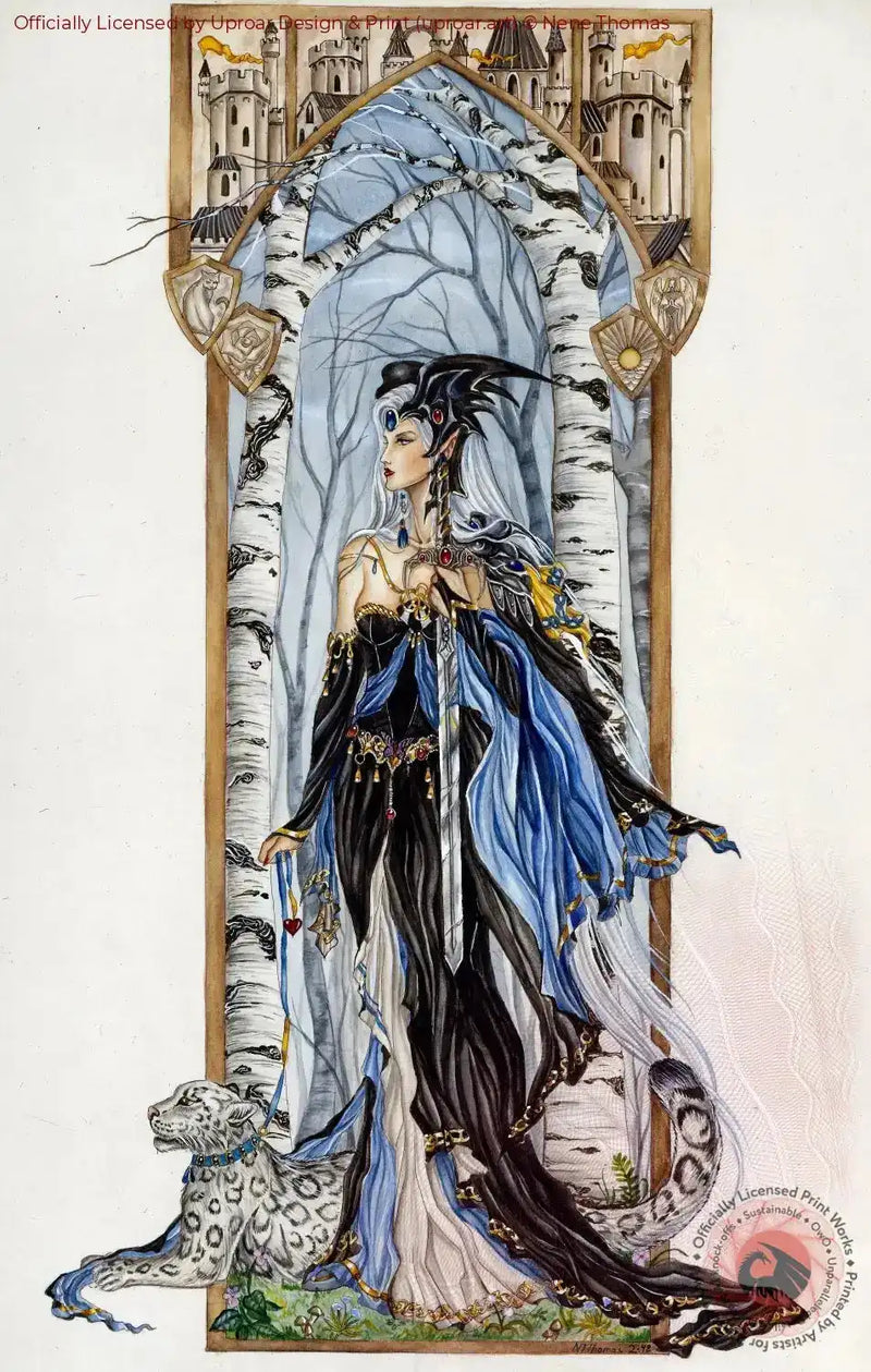Fantasy woman with black and blue attire, surrounded by birch trees, castle, and a leopard