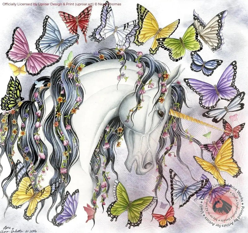 Unicorn with colorful butterflies and floral mane, fantasy art print for home decor