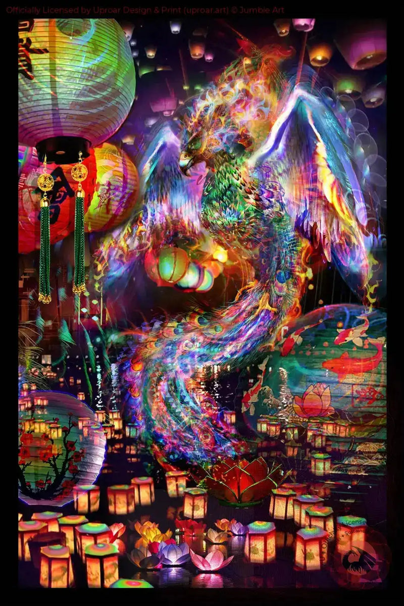 Colorful phoenix art print with lanterns and floral accents