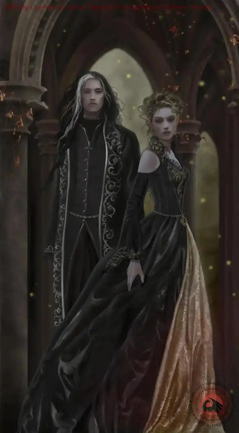 Dark fantasy art print of gothic couple in ornate black and gold attire, standing in an ancient stone archway with floating butterflies