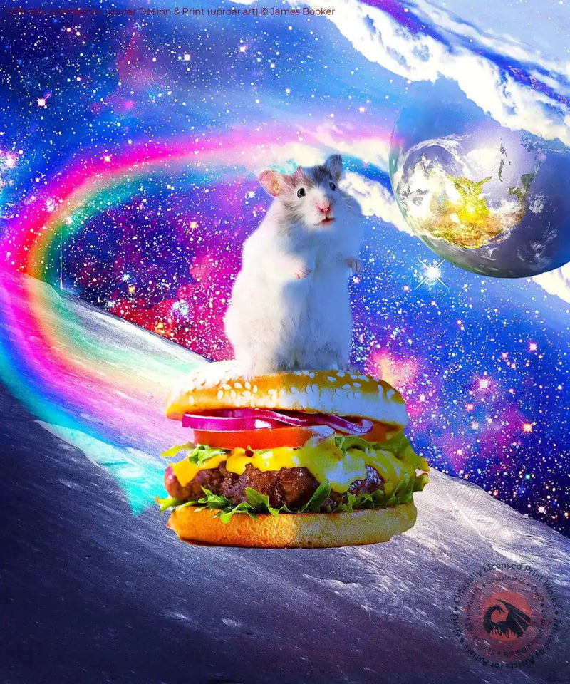 Rainbow space hamster riding burger print
