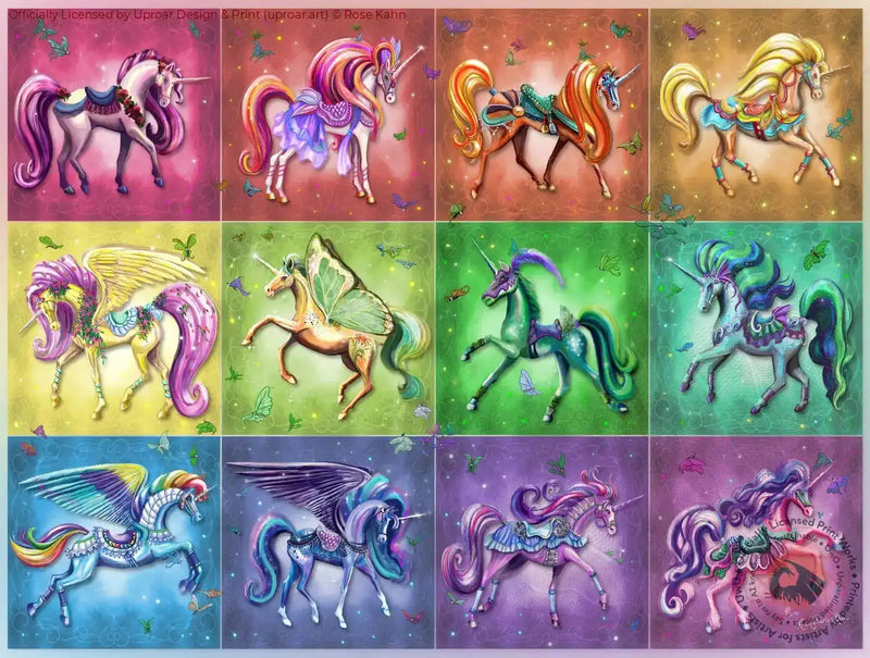 Pink unicorn with purple mane and floral saddle on pink background