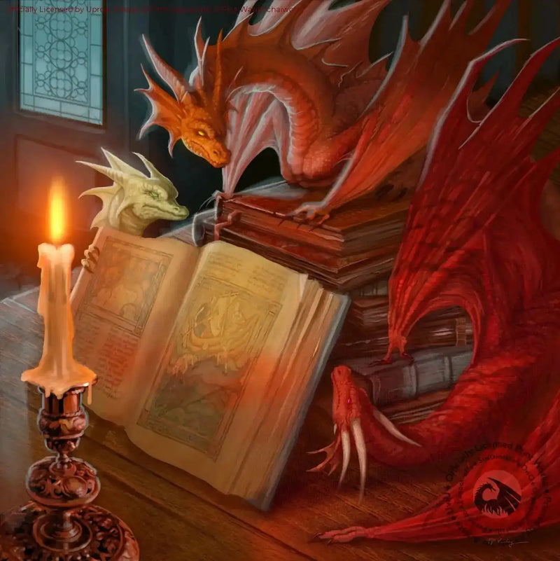 Red and gold dragon artwork with open book and candle