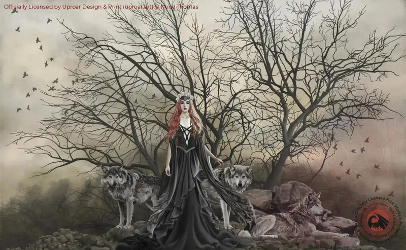 Dark fantasy art print of a red-haired witch with wolves and a barren tree