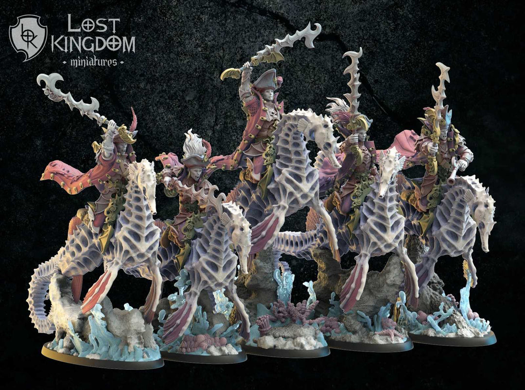Fantasy cavalry scale models with armored riders on seahorse-like creatures