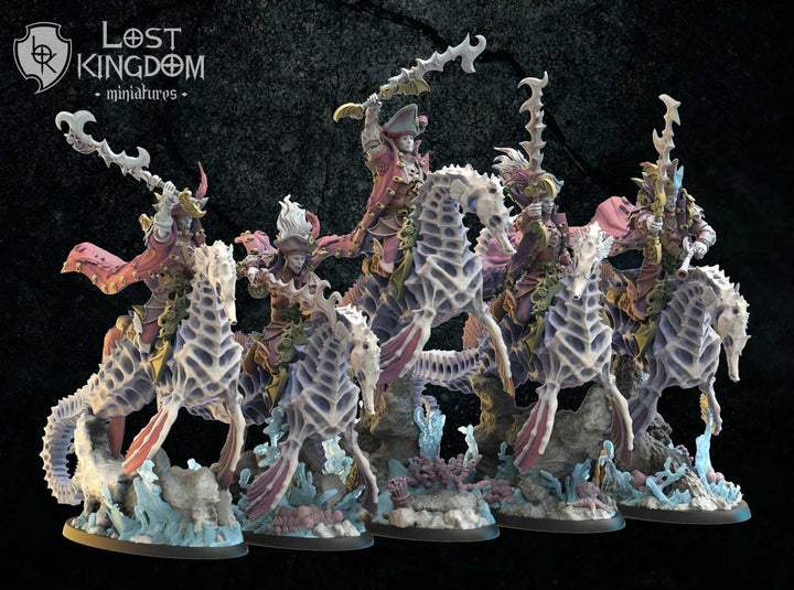 Fantasy cavalry scale models with armored riders on seahorse-like creatures