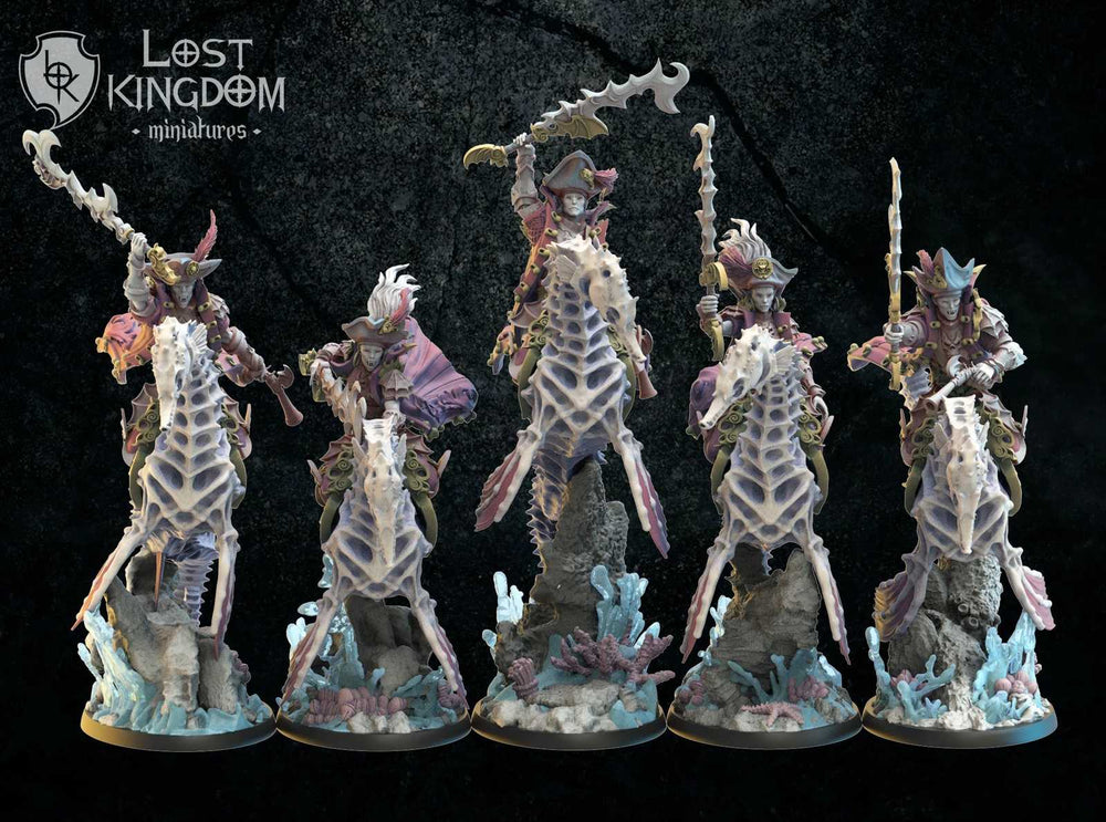 Detailed fantasy cavalry miniatures on seahorse mounts for tabletop gaming