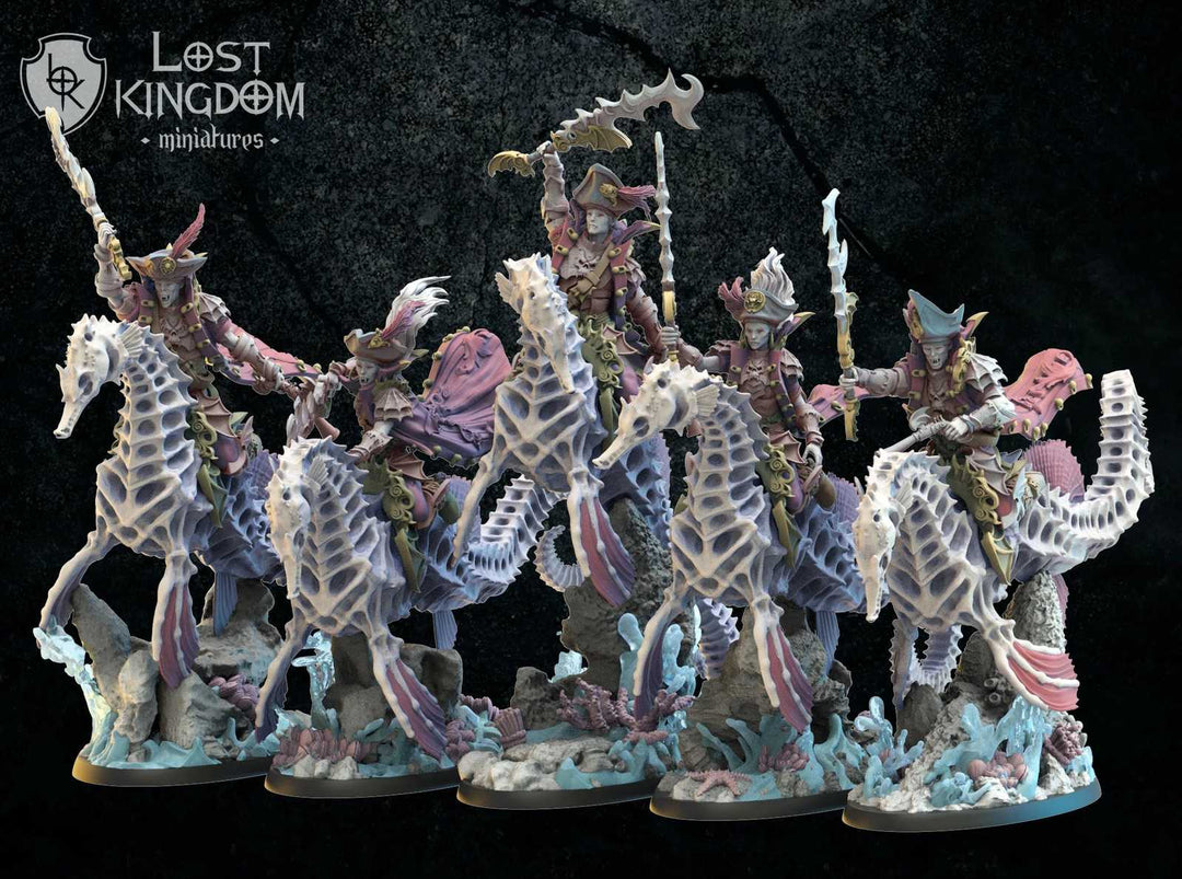 Painted fantasy cavalry miniatures with armored riders on seahorse-like creatures
