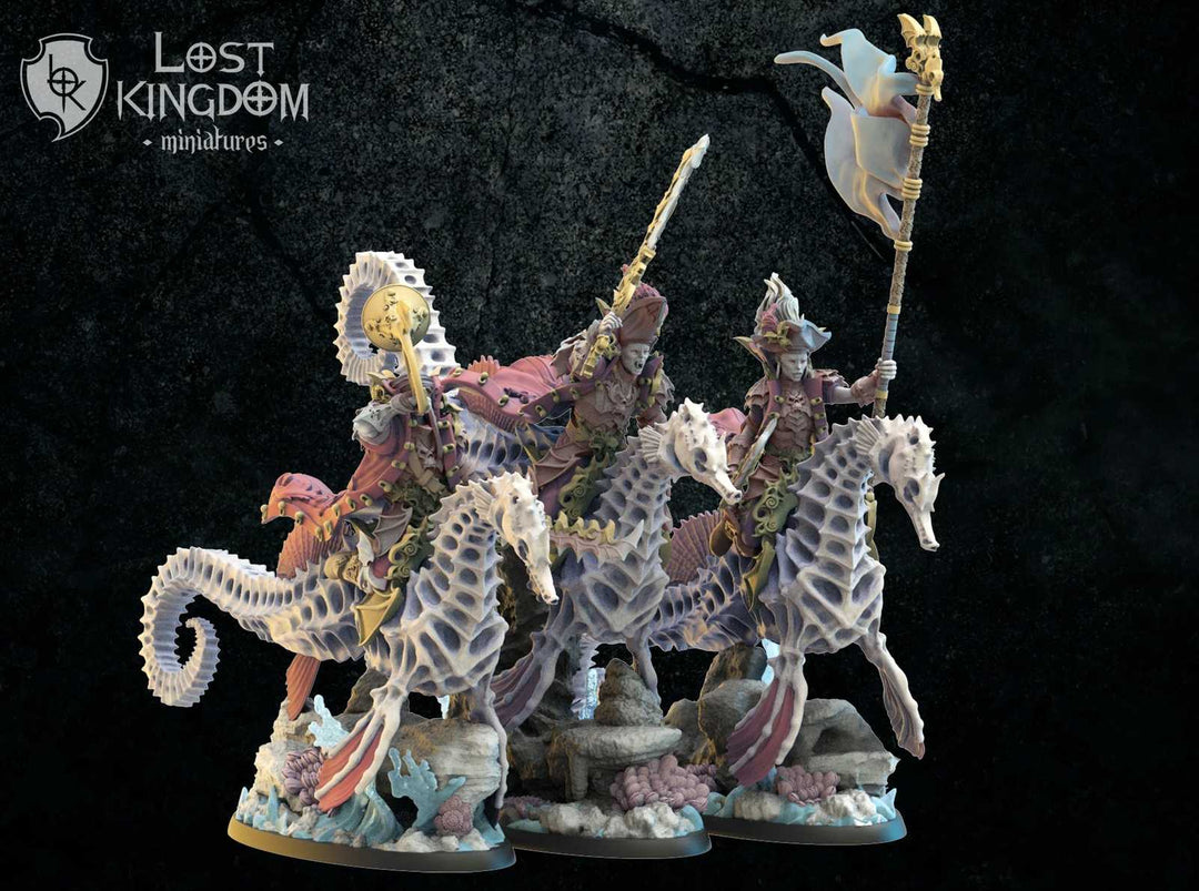 Fantasy cavalry miniatures with seahorse mounts and armored riders