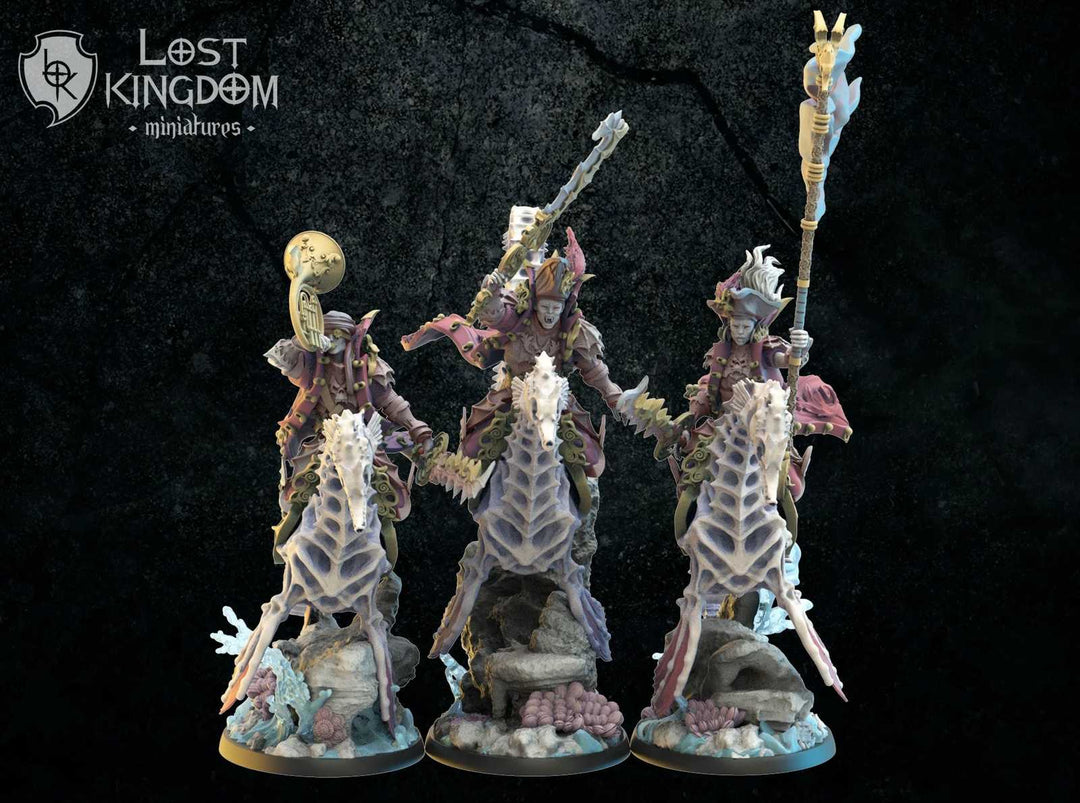 Elaborate fantasy cavalry miniatures with seahorse mounts and armored riders